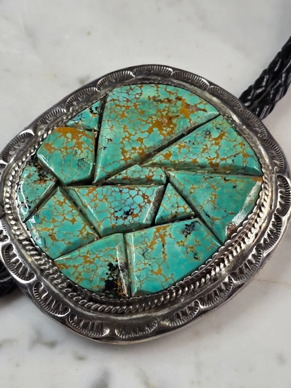 Southwestern Native American Sterling Silver Turquoise Bolo Tie E638
